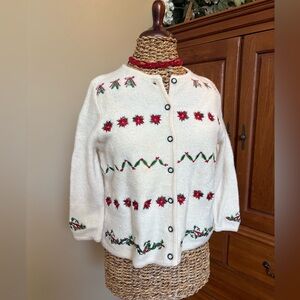 Vintage Susan Bristol Christmas  cardigan 3/4 sleeve poinsettia holly grandma